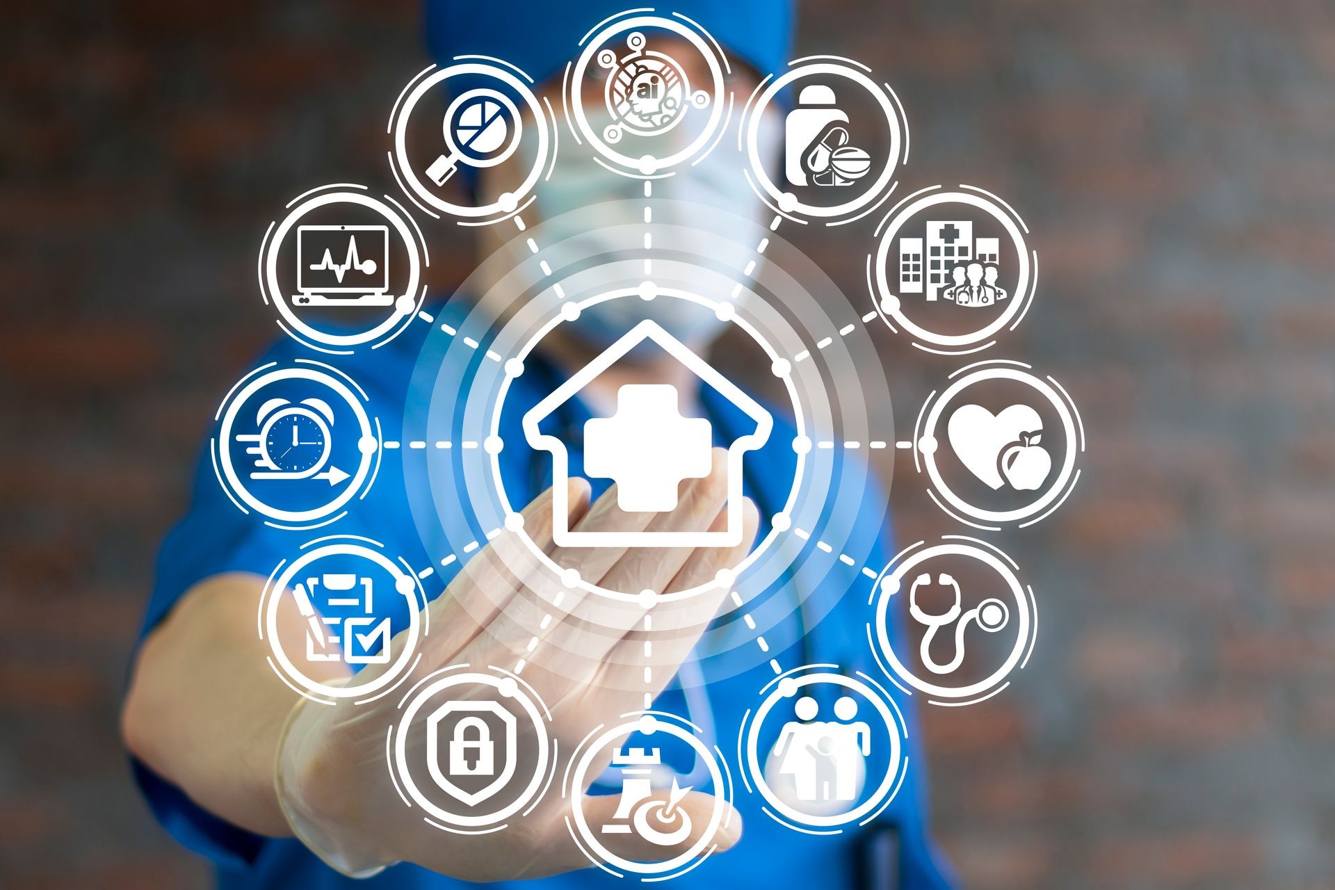 Medic clicks on a house with medical cross button surrounded by specific icons. Hospital Building. Concept of Family Health. Home Healthcare Assistance Service.